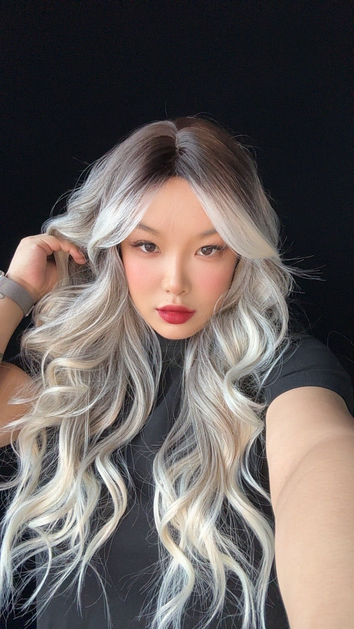 JBEXTENSION 26 Inches Long Shatush Silver Body Wave With Bangs MANDA SHATUSH SILVER