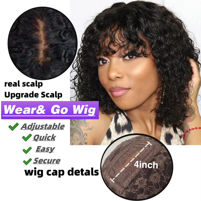 Glueless Top 2x4 Lace Curly Short Bob Wig With Bangs Human Hair Wigs Beginner Friendly