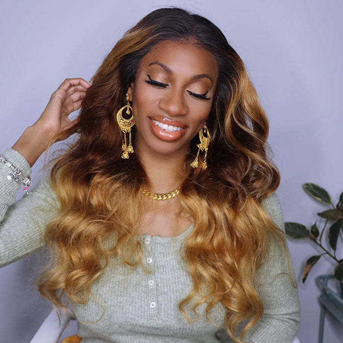 220% Density Ombre Blonde Highlight Loose Body Wave Wig Glueless Frontal 13x4 HD Lace Wigs Pre-plucked Hairline Human Hair Wig for Women