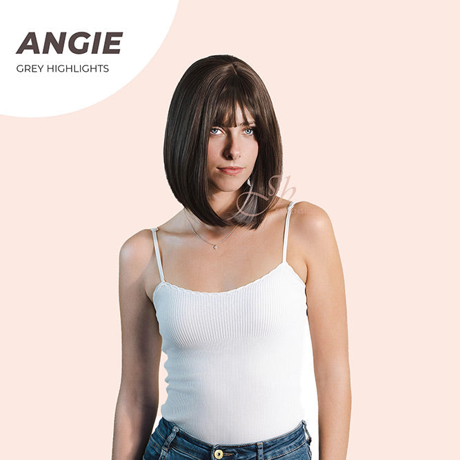 JBEXTENSION 12 Inches Bob Cut Dark Brown With Grey Highlight Wig With Bangs ANGIE GREY