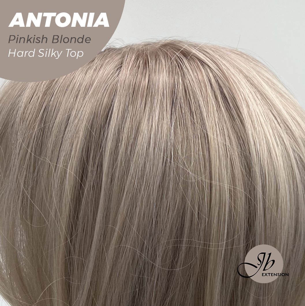 JBEXTENSION 28 Inches Scalpiana Long Curly Pinkish Blonde 3.5X4 Hard Silky Top Natural Scalp Effect Wig ANTONIA PINKISH BLONDE