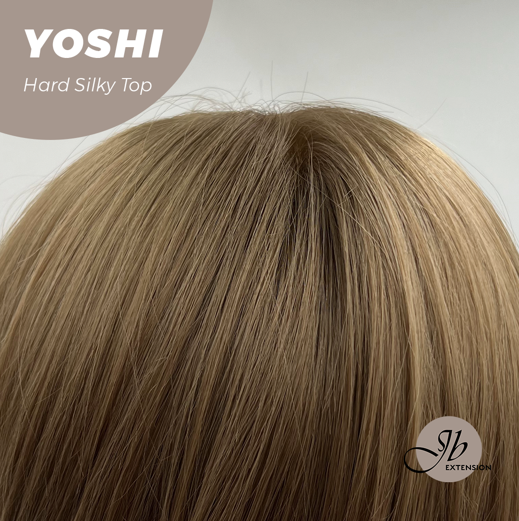 JBEXTENSION 16 Inches Scalpiana Hush Cut Light Brown 3.5X4 Hard Silky Top Natural Scalp Effect Wig With Bangs YOSHI SILKY TOP