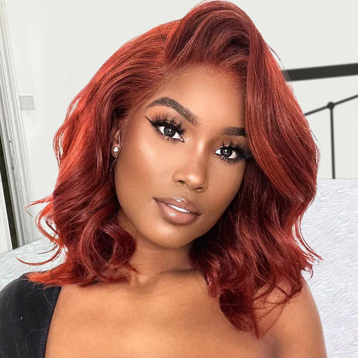 #33 Reddish Brown Color Body Wave 13x4/5x5 HD Lace Frontal Wigs Short Bob Red Brown Wig 220% Density