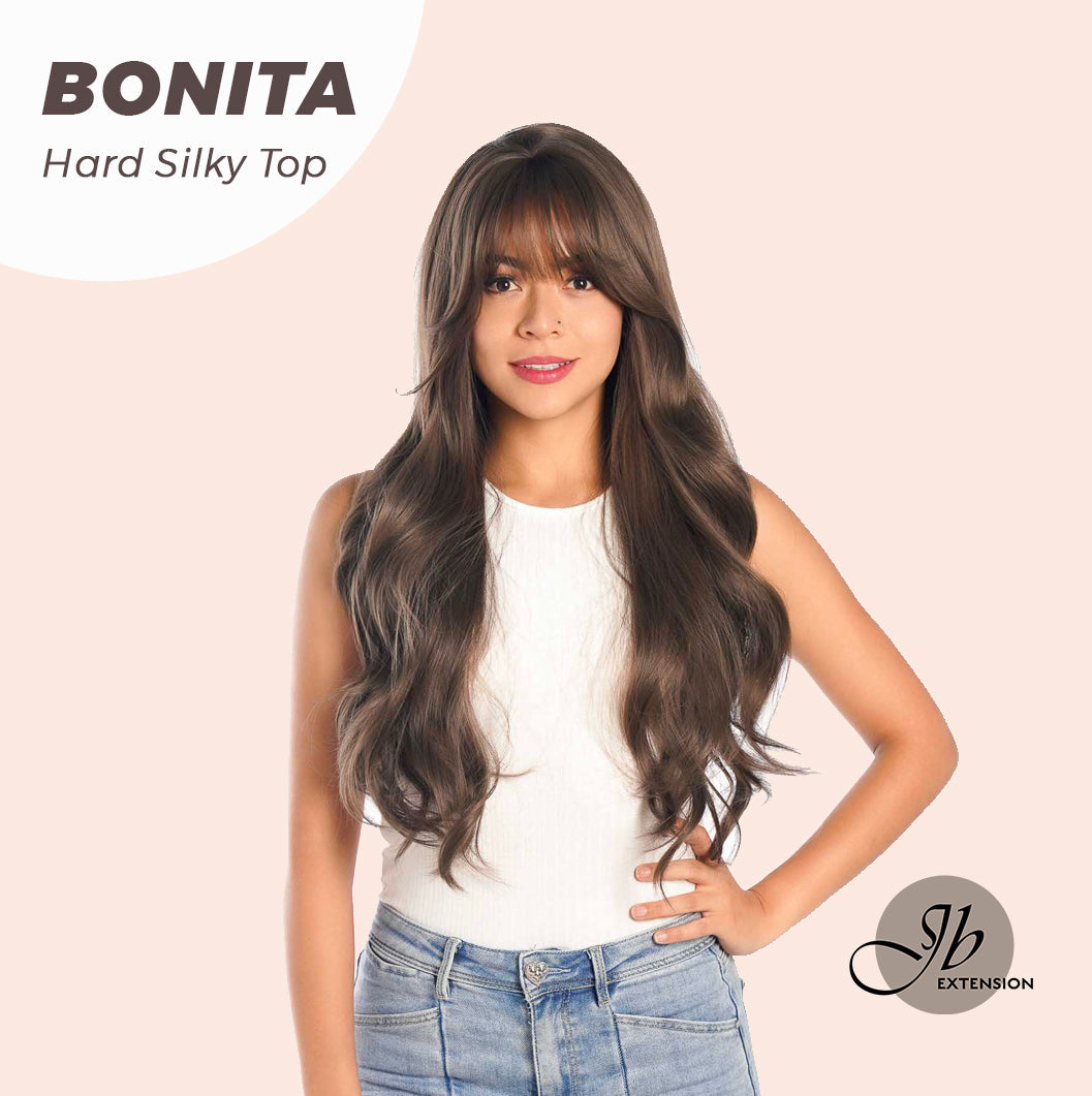JBEXTENSION 26 Inches Scalpiana Brown Curly 3.5X4 Hard Silky Top Natural Scalp Effect Wig With Bangs BONITA