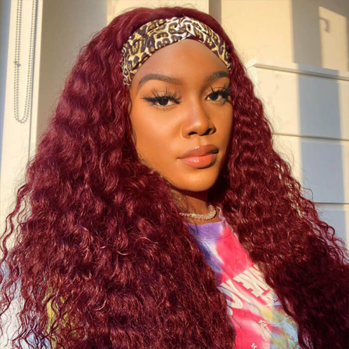 99J Burgundy Color Headband Wigs Deep Wave Human Hair