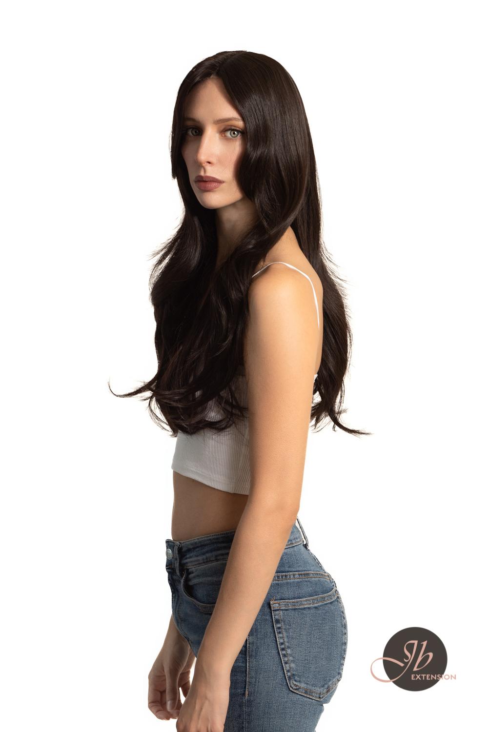 JBEXTENSION 26 Inches Curly Women Tea Black Darkest Brown Wig Pre-Cut Frontlace Glueless Wig EMMIE