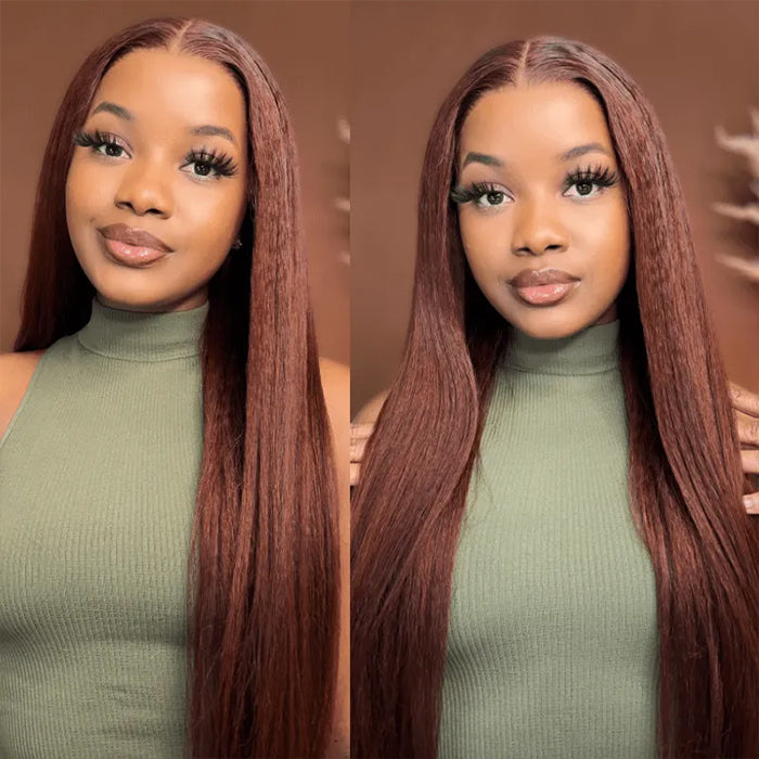 Glueless HD Lace Front Wigs Virgin Human Hair Kinky Straight Wigs #33 Reddish Brown Color