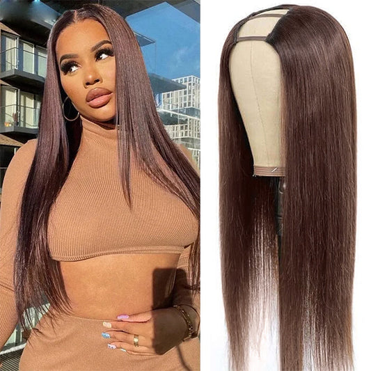 #4 Chocolate Brown Straight V/U Part Wig No Leave Out Glueless Human Hair Wigs Beginner Friendly