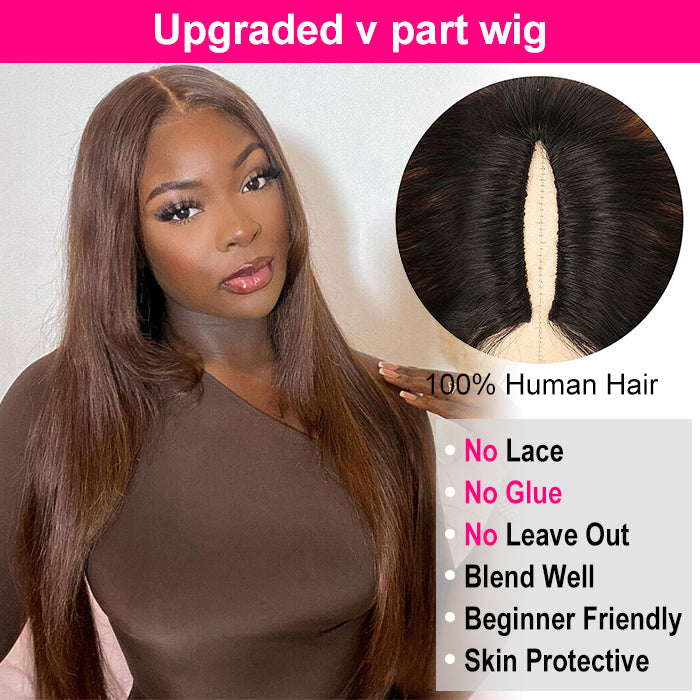 #4 Chocolate Brown Straight V/U Part Wig No Leave Out Glueless Human Hair Wigs Beginner Friendly