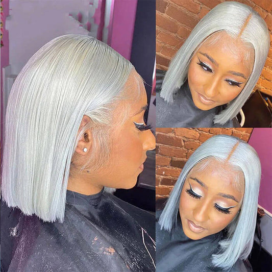 Grey 13x4 Lace Front Human Hair Wigs Straight Colored Sliver Bob Lace Wigs For Black Women Pre Plucked 220% Density