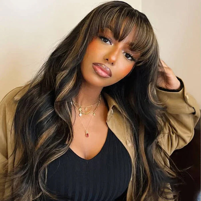 Blonde Highlights Body Wave With Bangs Glueless 13×4 Lace Front Wigs Human Hair