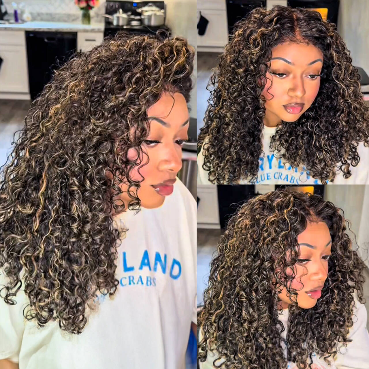 Blonde Highlight Curly Glueless HD Lace Wig Human Hair Pre-Cut Lace Pre-Plucked Pre-Bleached