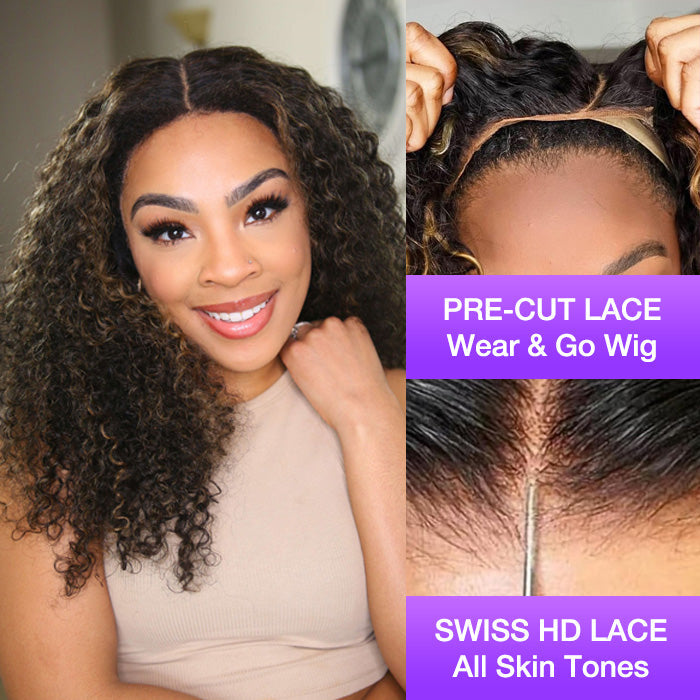 Honey Blonde Highlight Curly Bob Wig 8x5 Pre Cut HD Lace Glueless Wear Go Wig