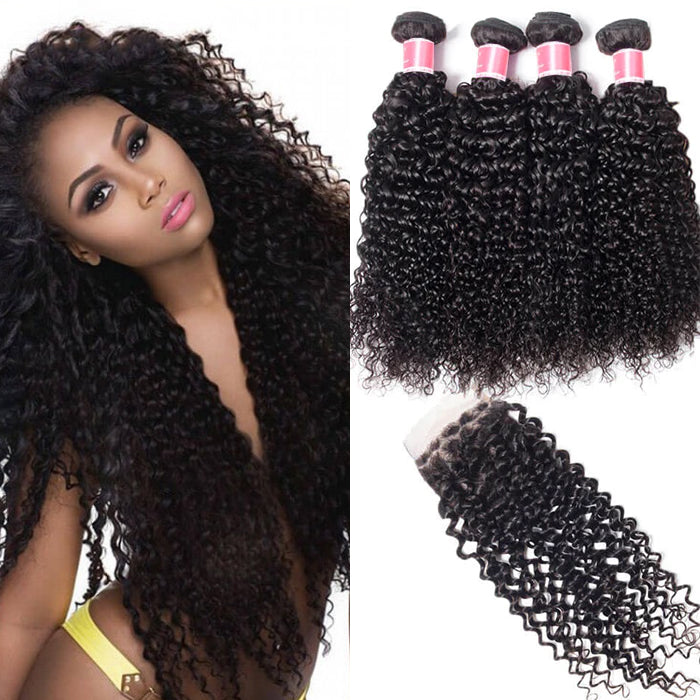 Malaysian Curly Hair 4 Bundles With 4x4 Lace Closure Human Hair Closure With Bundle Deals