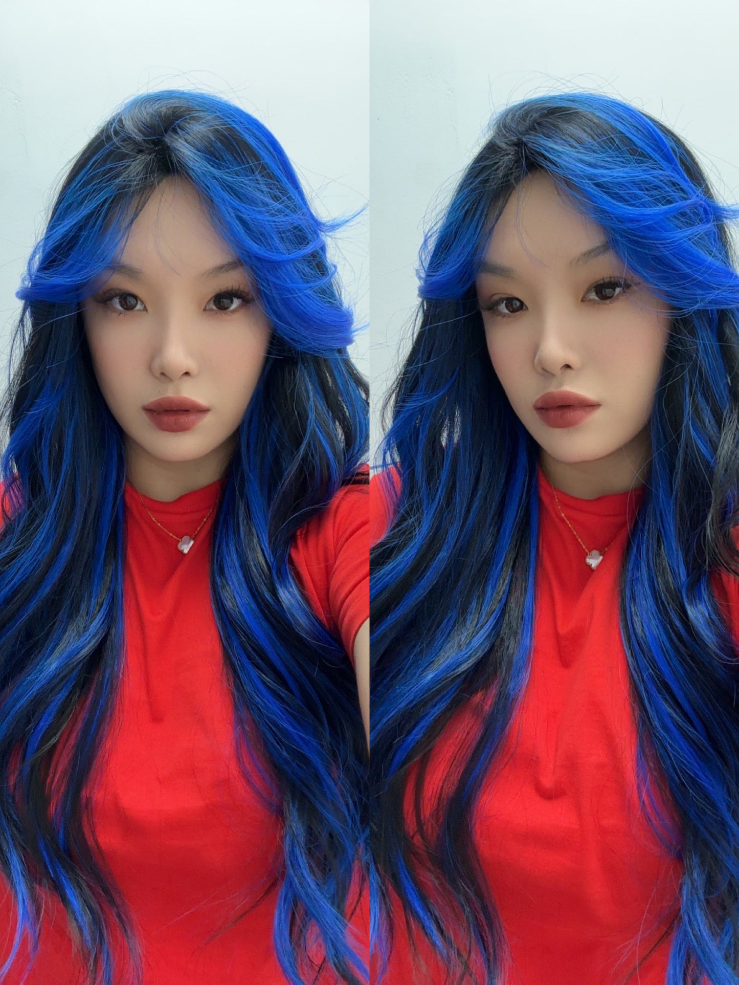 Get the Influencer Look with 28 Inches Long Black With Blue Highlight Wave Wig With Bangs BLUEBERRY