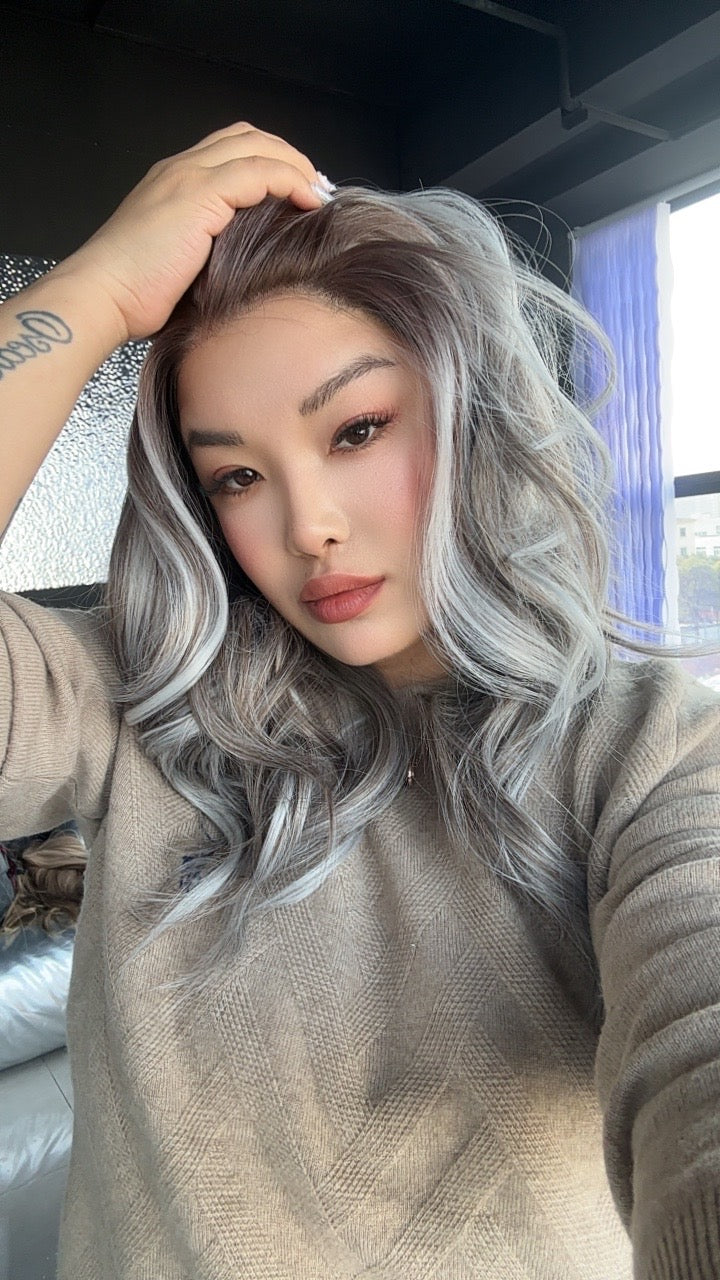 JBEXTENSION 20 Inches Brown with Grey Highlight Curly Fiber X, Tangle Less Pre-Cut Free Part Frontlae Glueless Wig ALESSANDRA GREY