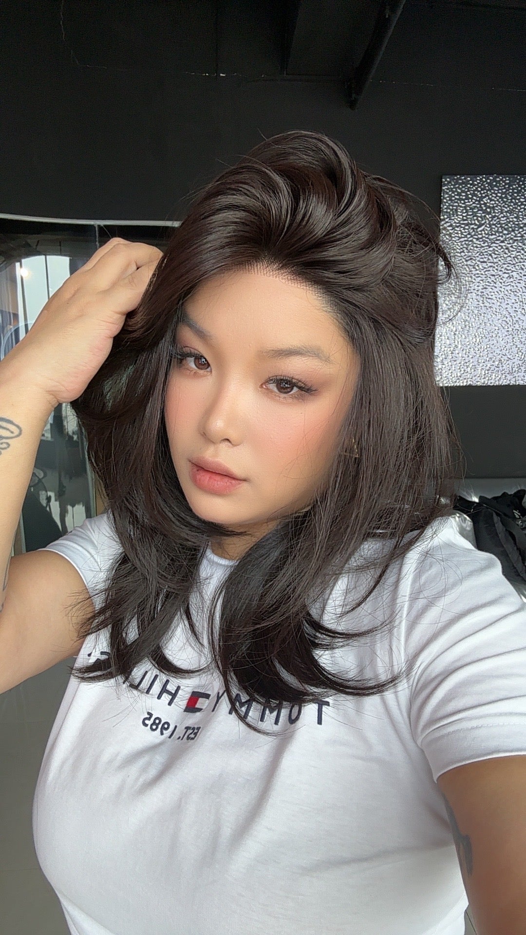 JBEXTENSION 18 Inches Natural Black Pre-Cut Snowflake Lace Frontlace Glueless Wig ELENA【PERMATEASE】【BENDY EAR TABS】