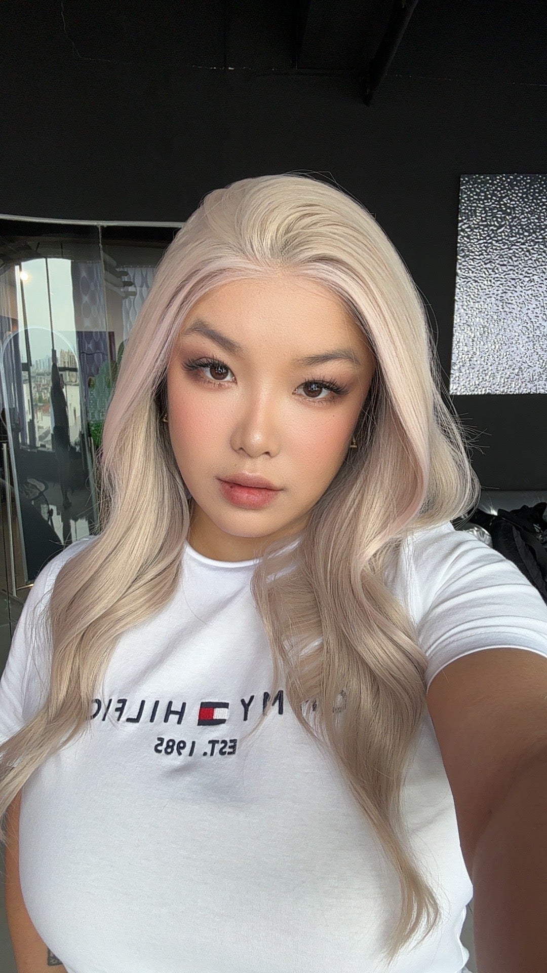 JBEXTENSION 20 Inches Ash Pink Curly Fiber X, Tangle Less Pre-Cut Free Part Frontlae Glueless Wig ALESSANDRA ASH PINK