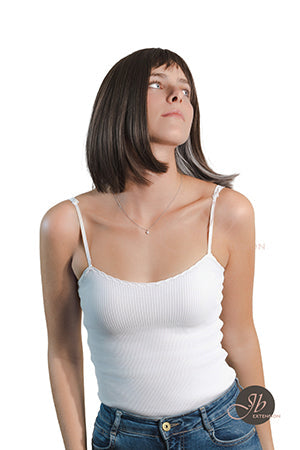 JBEXTENSION 12 Inches Bob Cut Dark Brown With Grey Highlight Wig With Bangs ANGIE GREY