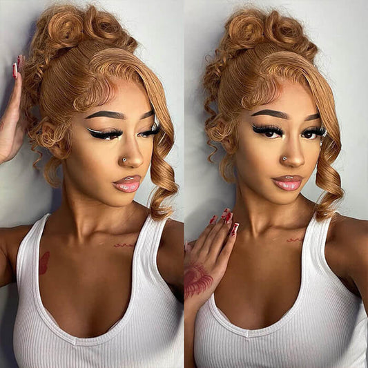 #27 Honey Blonde Color Invisible-Pull String 360 Lace Frontal Wigs Glueless HD Lace Wigs With Pre Plucked