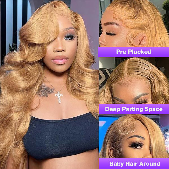Honey Blonde 13x4 HD Transparent Lace Front Wig #27 Blonde Colored Human Hair Frontal Wig