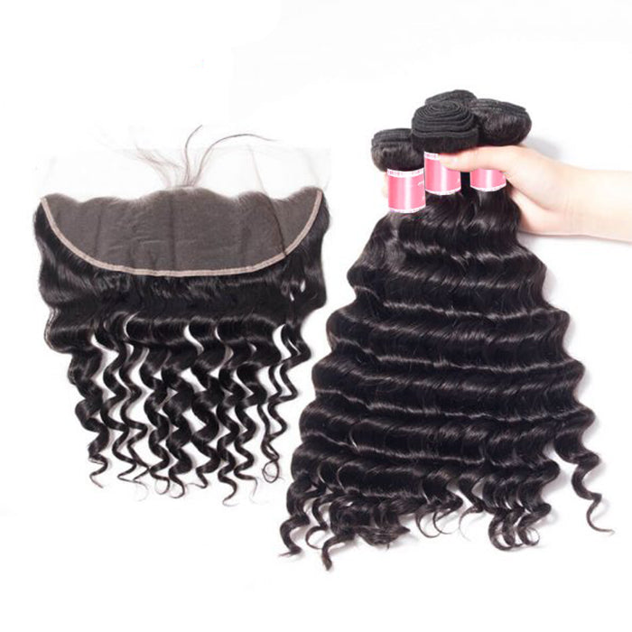 Malaysian Loose Deep Wave 4 Bundles With 13X4 Ear To Ear Lace Frontal Natural Color
