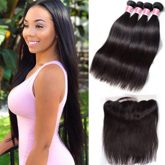Malaysian Straight Hair 4 Bundles With 13X4 Ear To Ear Lace Frontal Natural Color