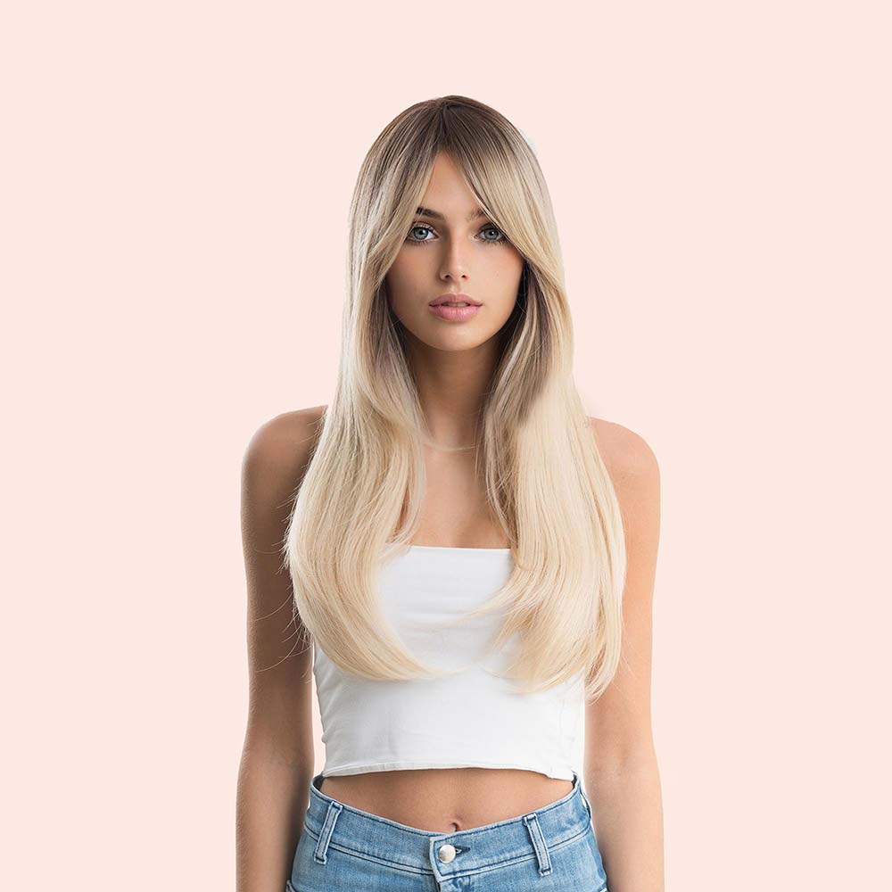 JBEXTENSION 22 Inches Nature Straight Ombre Blonde With Dark Root Wig With Bangs SARAH