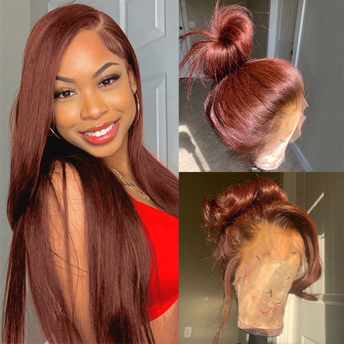 #33 Reddish Brown Color Invisible-Pull String 360 Lace Frontal Wigs Glueless HD Lace Human Hair Wigs