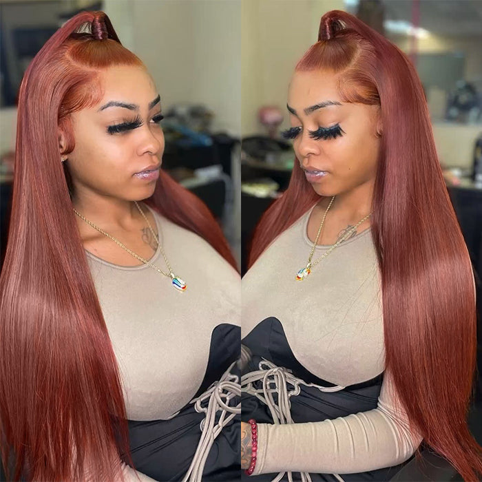 #33 Reddish Brown Color Invisible-Pull String 360 Lace Frontal Wigs Glueless HD Lace Human Hair Wigs