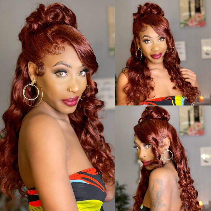 #33 Reddish Brown Color Invisible-Pull String 360 Lace Frontal Wigs Glueless HD Lace Human Hair Wigs