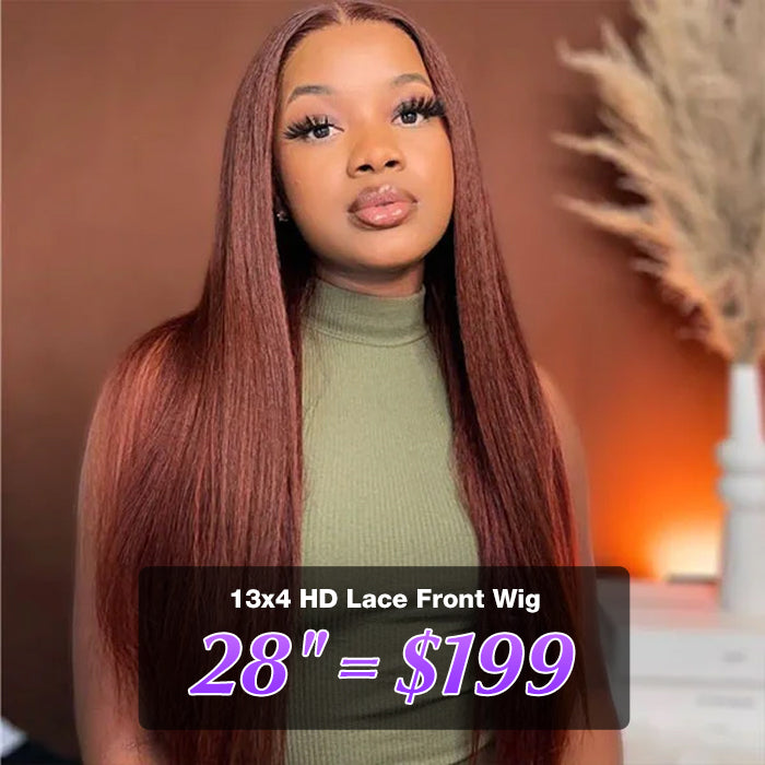 Glueless HD Lace Front Wigs Virgin Human Hair Kinky Straight Wigs #33 Reddish Brown Color