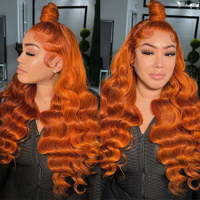 Ginger Orange Colored Invisible-Pull String 360 Lace Frontal Wigs Glueless HD Lace Human Hair Wigs