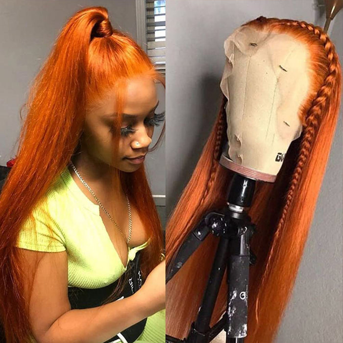 Ginger Orange Colored Invisible-Pull String 360 Lace Frontal Wigs Glueless HD Lace Human Hair Wigs