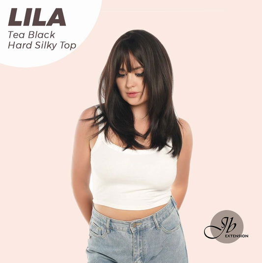 JBEXTENSION 20 Inches Scalpiana Tea Black Darkest Brown Wolf Cut 3.5X4 Hard Silky Top Natural Scalp Effect Wig With Bangs LILA TEA BLACK
