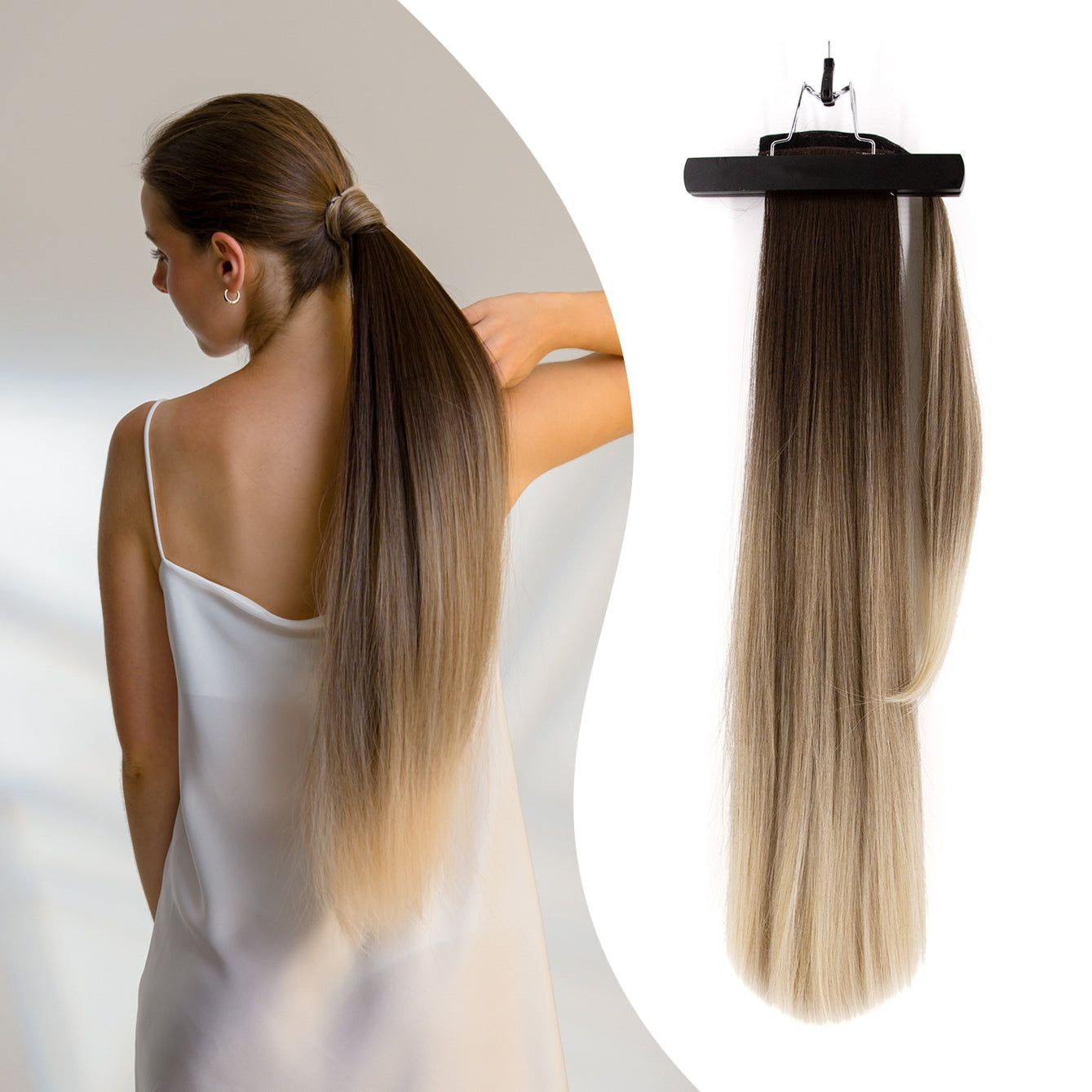 27" Straight Ponytail Clip-in Blonde Balayage