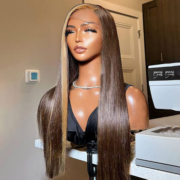 Brown Hair With Honey Blonde Highlight Streaks Wigs Straight & Body Wave 13x4 HD Lace Front Human Hair 