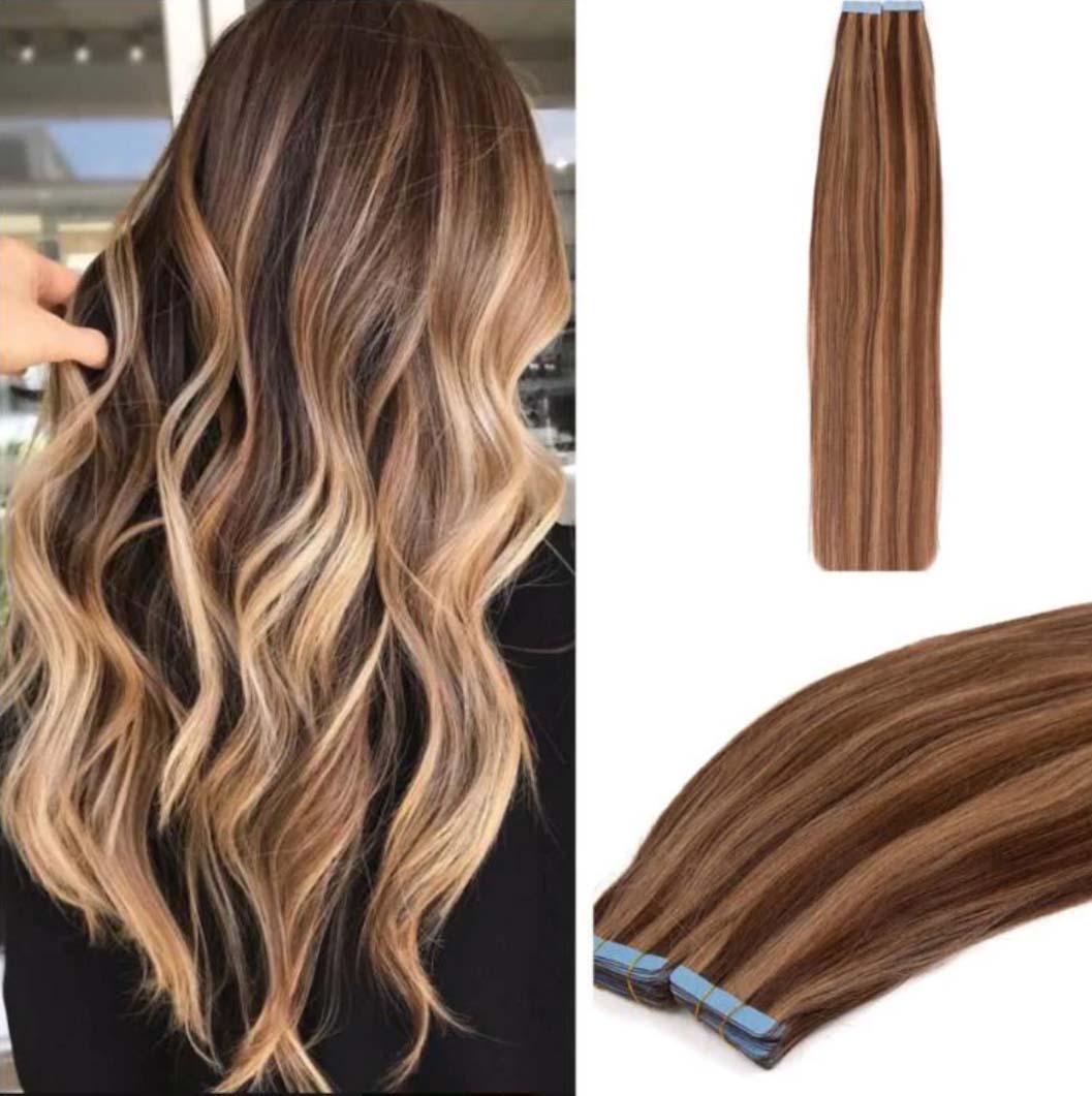 JBextension Tape in Hair Extensions Human Hair Balayage Dark Brown to Brown Mix with Blonde Tape in Seamless Hair Extensions Human Hair Ombre Hair Extensions Tape in 20 Inch Tape in Human Hair 50g 20pcs