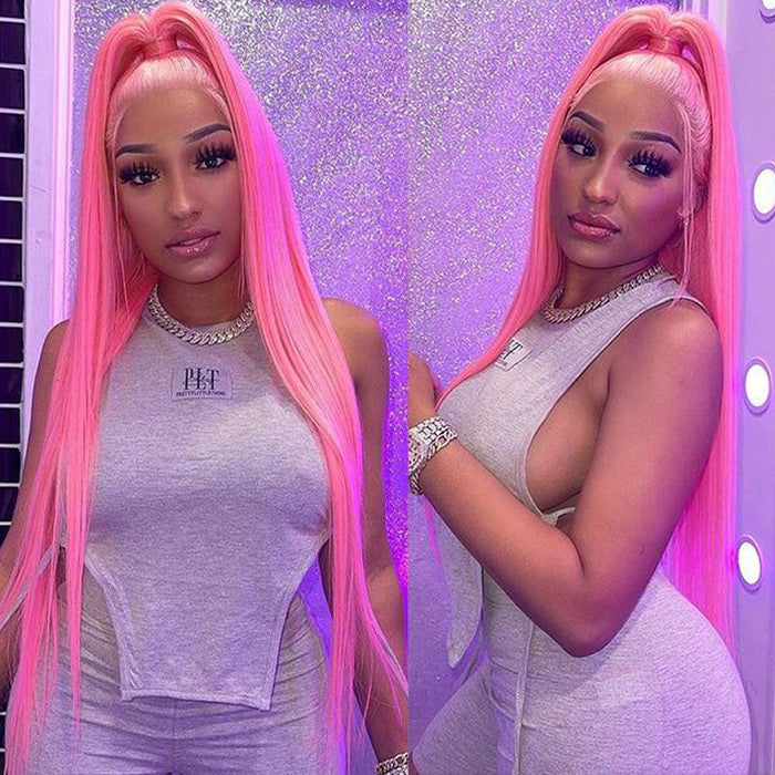 13x4 HD Lace Frontal  Human Hair Wigs Straight Pink Color Wig For Women Pre Plucked Bleached Knots