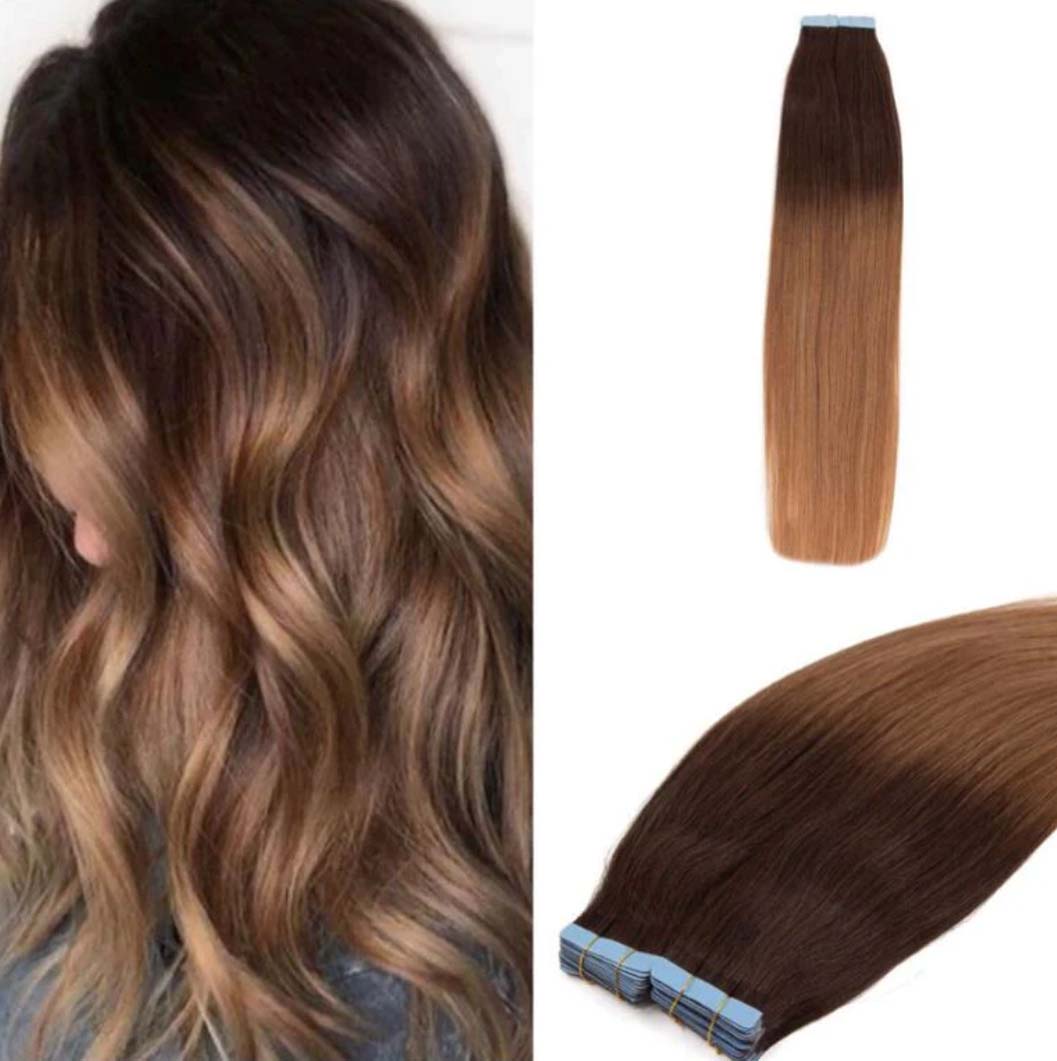 JBextension Tape in Hair Extensions Human Hair Balayage Dark Brown to Brown Mix with Blonde Tape in Seamless Hair Extensions Human Hair Ombre Hair Extensions Tape in 20 Inch Tape in Human Hair 50g 20pcs
