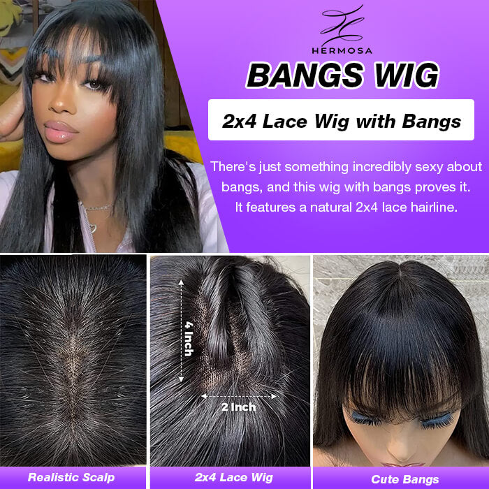 Glueless Human Hair Wigs with Bangs for Black Women Straight 2x4 HD Lace Wigs With Bangs