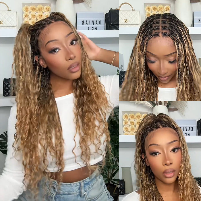 Boho Braided Wigs for Black Women Pull Go Drawstring 13x6 HD Lace Frontal Human Hair Wigs Blonde Color with Black Root