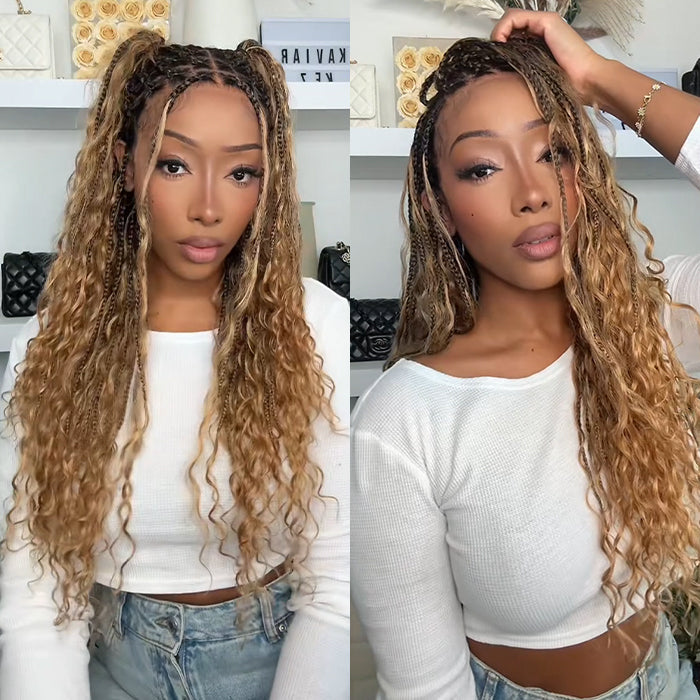 Boho Braided Wigs for Black Women Pull Go Drawstring 13x6 HD Lace Frontal Human Hair Wigs Blonde Color with Black Root