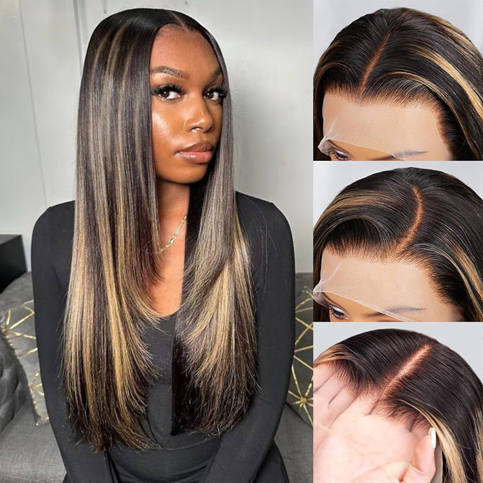 Layered Cut #1B/27 Blonde Highlights Pre Plucked 13x4 HD Lace Frontal Wig Straight Human Hair Wigs