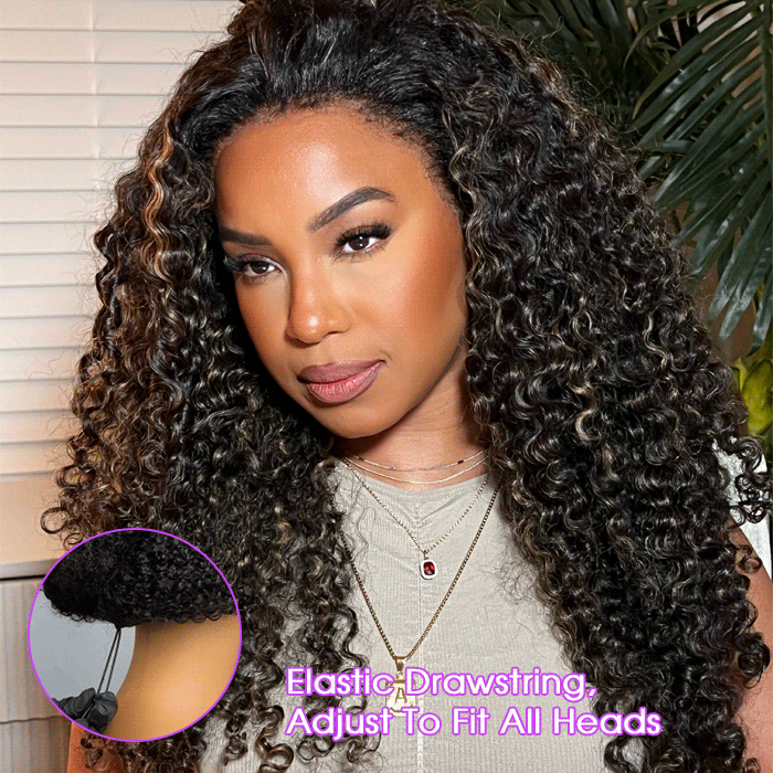 Blonde Highlight Curly Glueless HD Lace Wig Human Hair Pre-Cut Lace Pre-Plucked Pre-Bleached