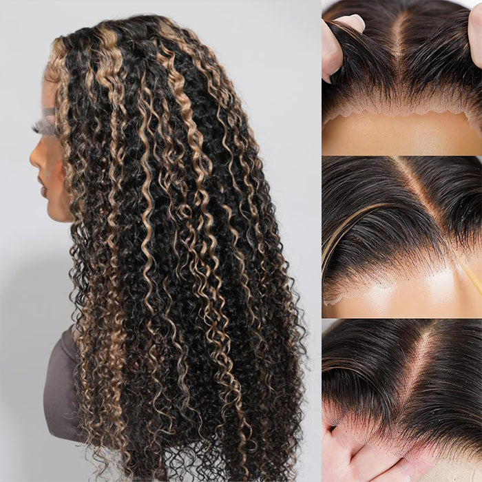 M1B/27 Blonde Highlight Curly Human Hair Wigs Glueless Pre Cut 8x5 HD Lace Closure Wig Put on Go