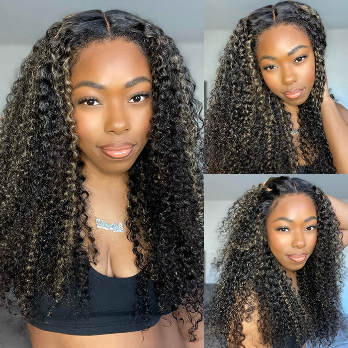 Glueless 4C Edges Blonde Highlight Curly 13x4 HD Lace Front Wig 100% Human Hair Pre Plucked Natural Hairline