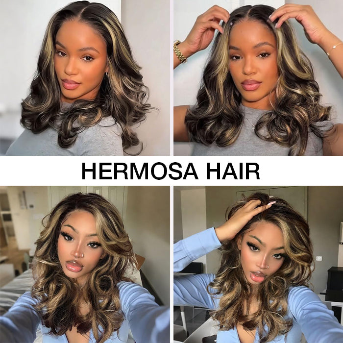 Highlight Color Short Loose Body Wave Pre Cut 8×5  HD Lace Wear Go Glueless Human Hair Wigs 220% Density