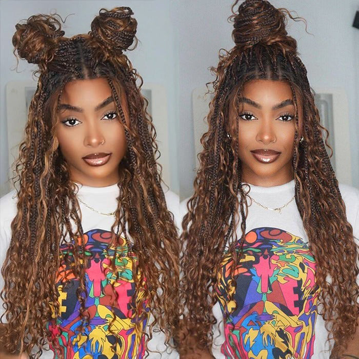 Boho Braid Wigs 100% Human Hair Drawstring 13x6 Transparent HD Lace Frontal Wigs For Women #T1B/30 Ombre Color