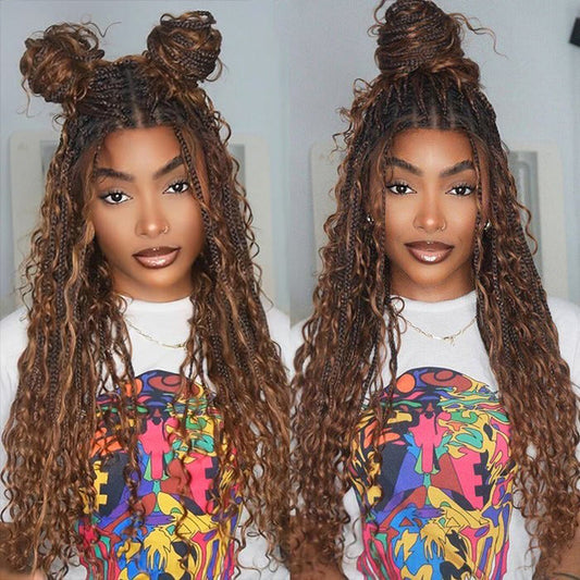 Boho Braid Wigs 100% Human Hair Drawstring 13x6 Transparent HD Lace Frontal Wigs For Women #T1B/30 Ombre Color